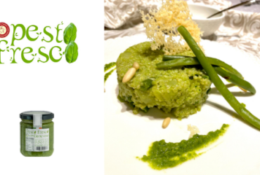 Torretta di quinoa con Pesto Fresco Genovese avvantaggiato con cialda di Parmigiano Reggiano